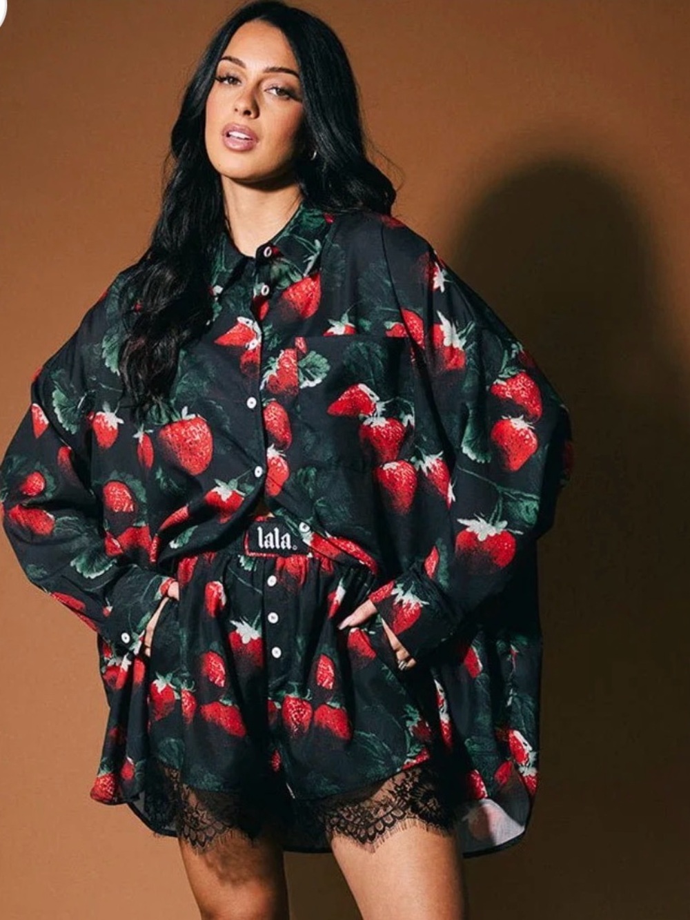 Dressed in LALA Black Satin Strawberry Print Set